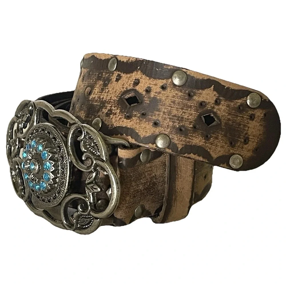 Western Vegan Leather‎ Belt Turquoise Concho Buckle Distressed Boho Southwestern